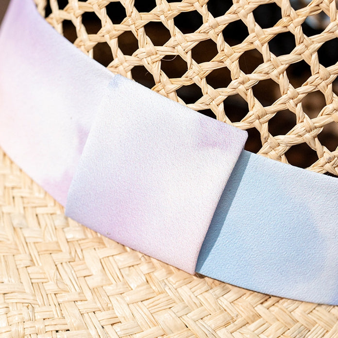 Straw Hollowed-out Sun Hat with Printed Webbing