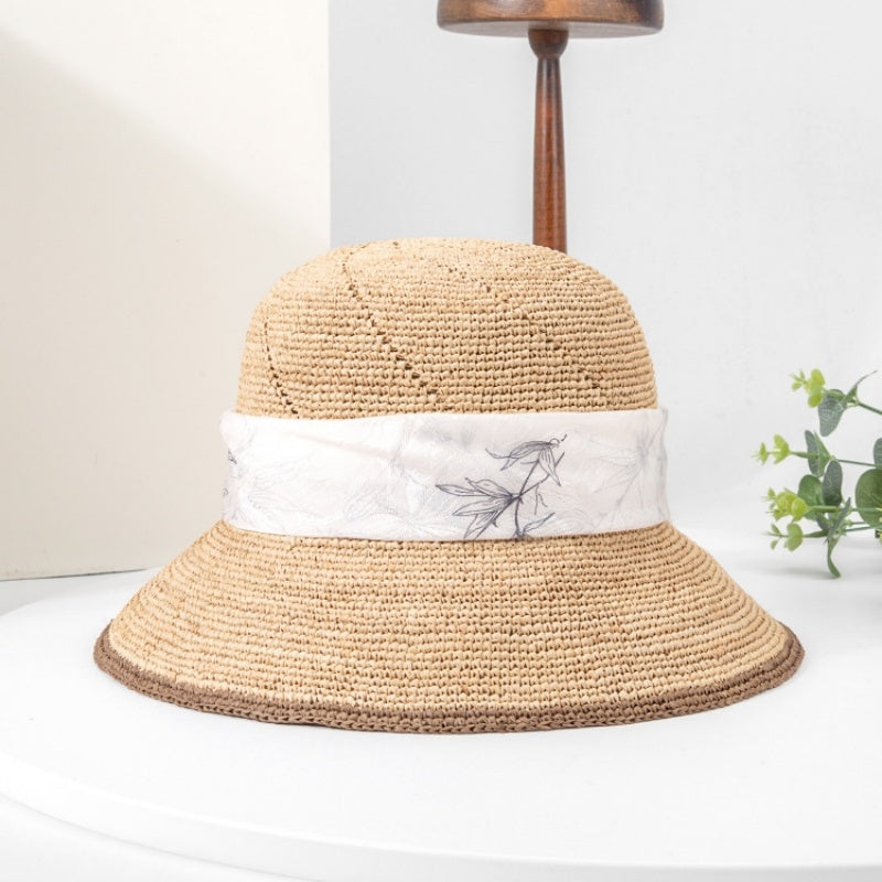 Straw Hat Sun Hat with Printed Bow