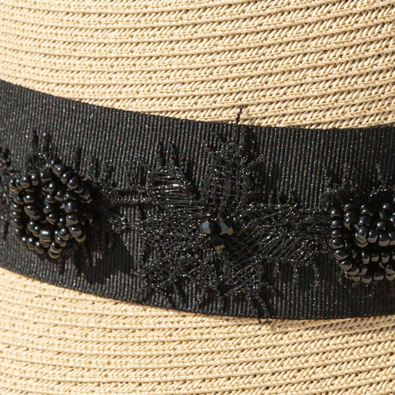 Straw Top Hat with Black Beads and Embroidery