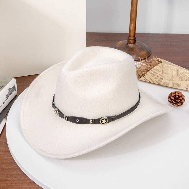 Felt Cowboy Hat with Copper Buckle Leather Strap and Star Decoration