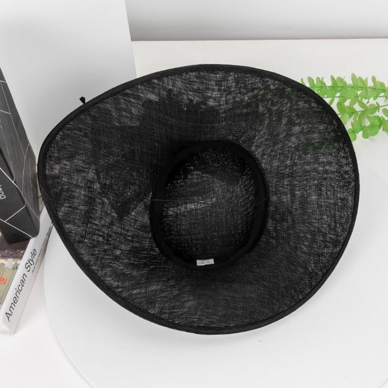 Wide Brim Top Hat with Feather Flower and Lace