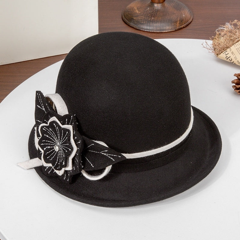 Felt Top Hat with Flower and Zircon Decoration