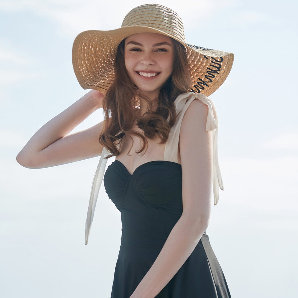 Straw Hat with Letter Embroidery