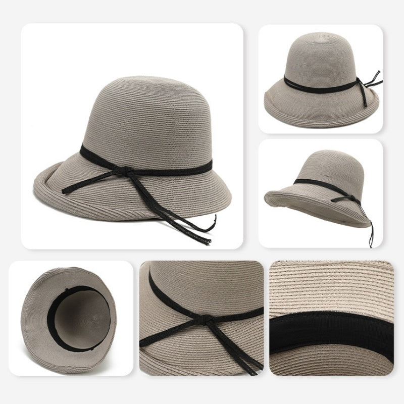 Rolled-up Straw Hat with Bow Decoration
