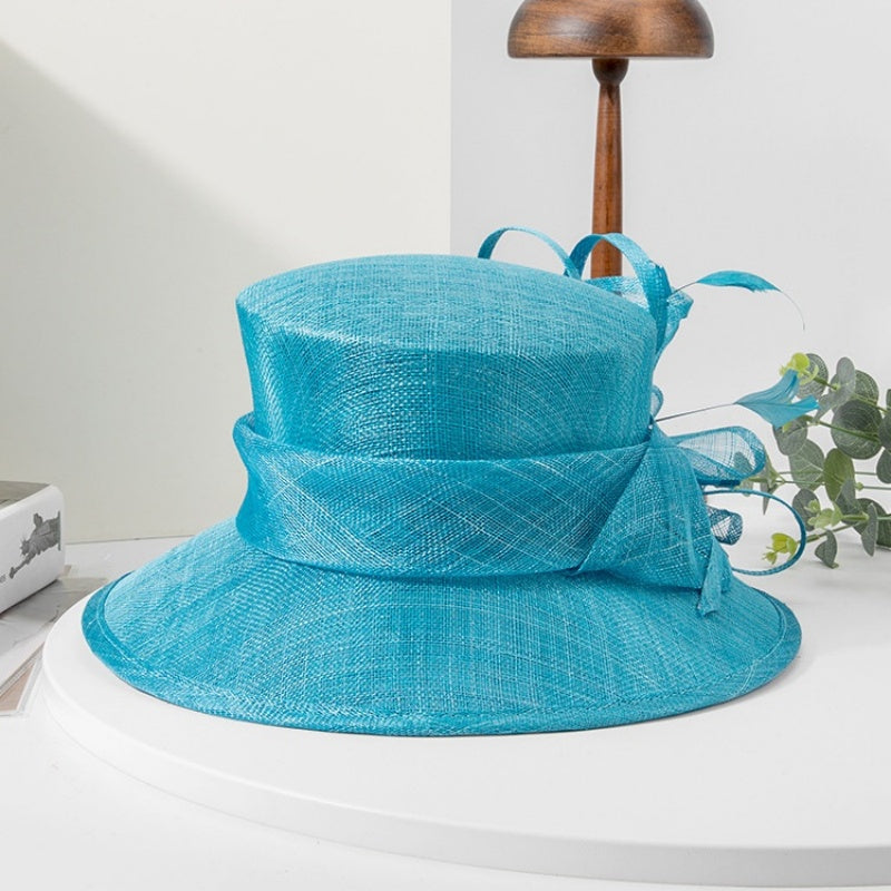 Water Blue Linen Yarn Top Hat with Floral Decoration