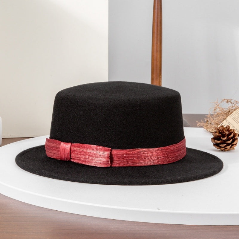 Felt Flat Roof Top Hat with Woven Webbing Decoration