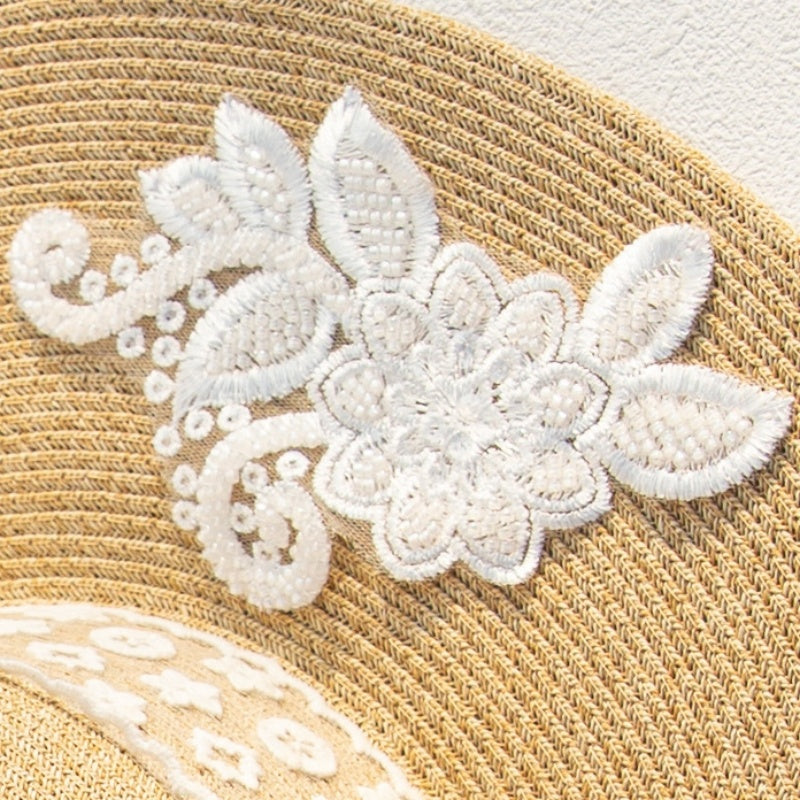 Wide Brim Straw Hat with Lace Decorative Strip and Lace Embroidery Patch