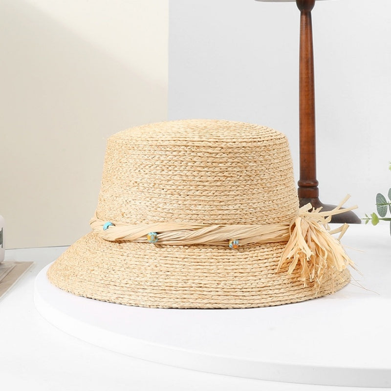Sun Hat Straw Hat with String Beads and Bow