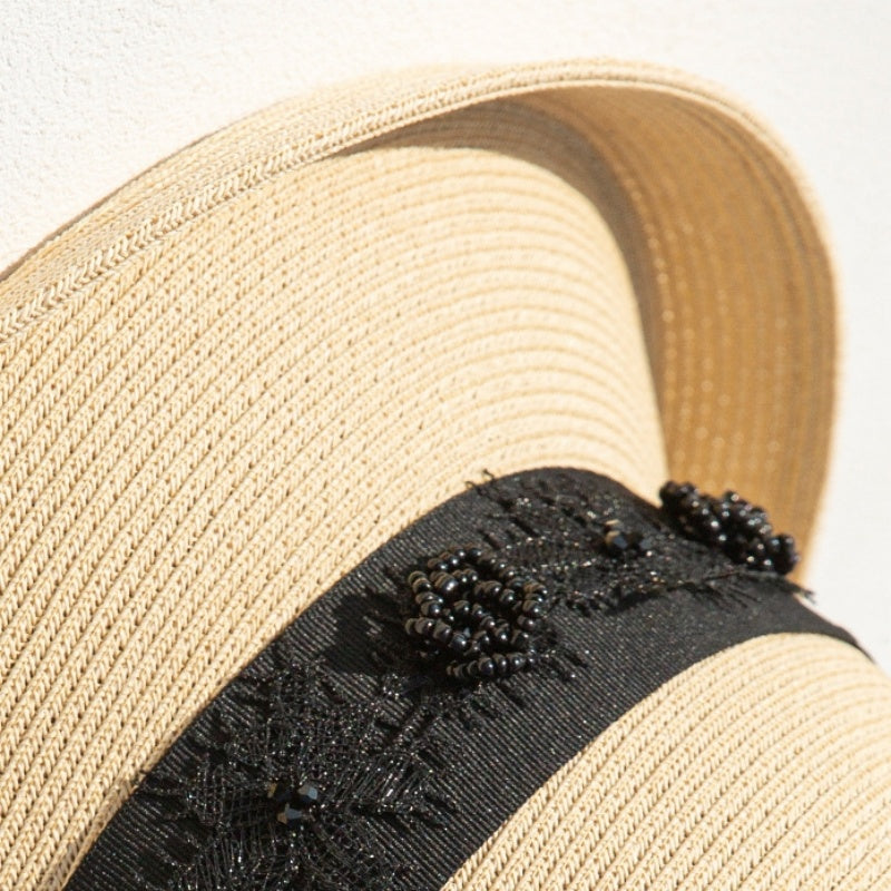 Straw Top Hat with Black Beads and Embroidery