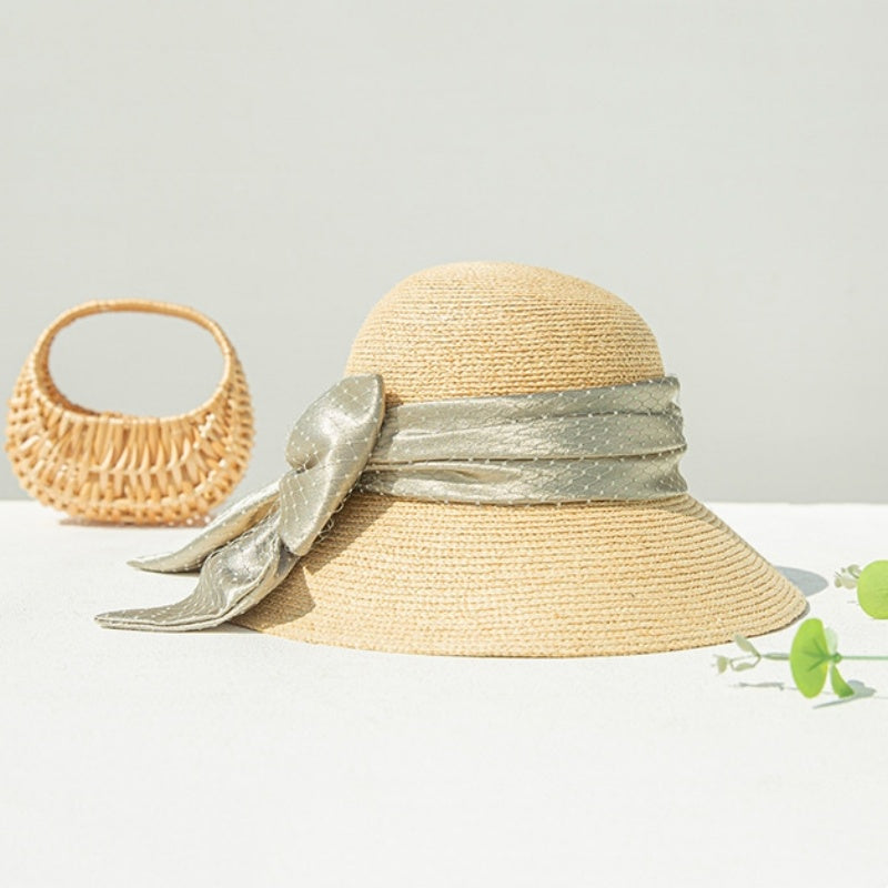 Sun Hat Straw Hat with Mesh Yarn Bow Webbing