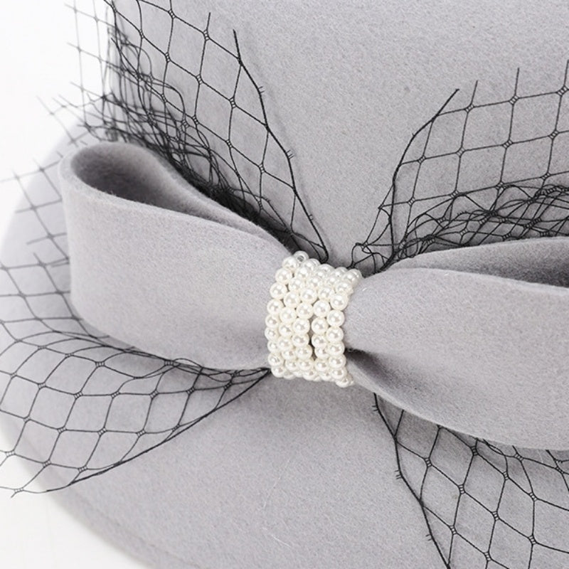 Felt Top Hat Rolled Edge with Net Gauze Pearl Bow