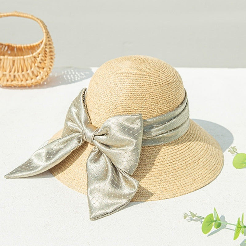 Sun Hat Straw Hat with Mesh Yarn Bow Webbing