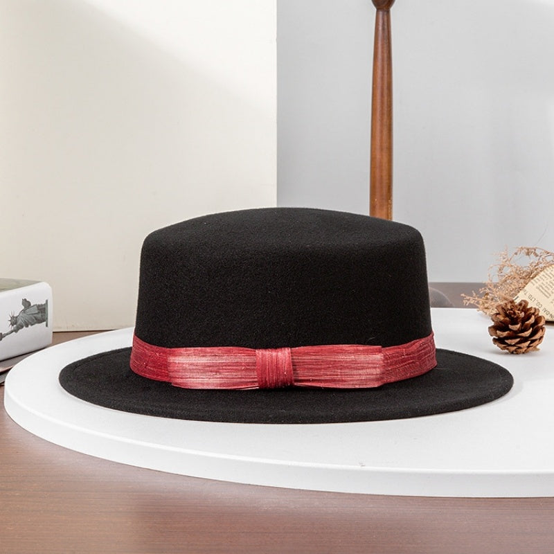 Felt Flat Roof Top Hat with Woven Webbing Decoration