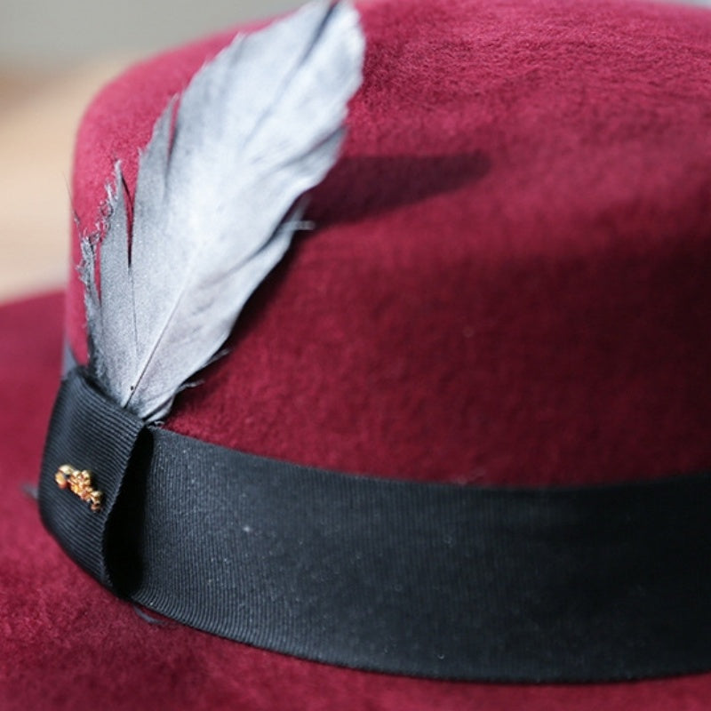 Felt Flat Roof Wide Brim Top Hat with Bow Webbing and Feather