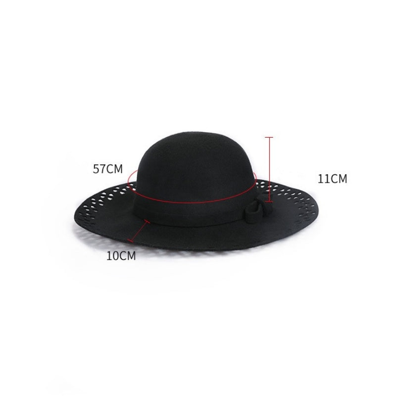 Felt Wide Brim Top Hat with Hollowed-out and Bow Webbing