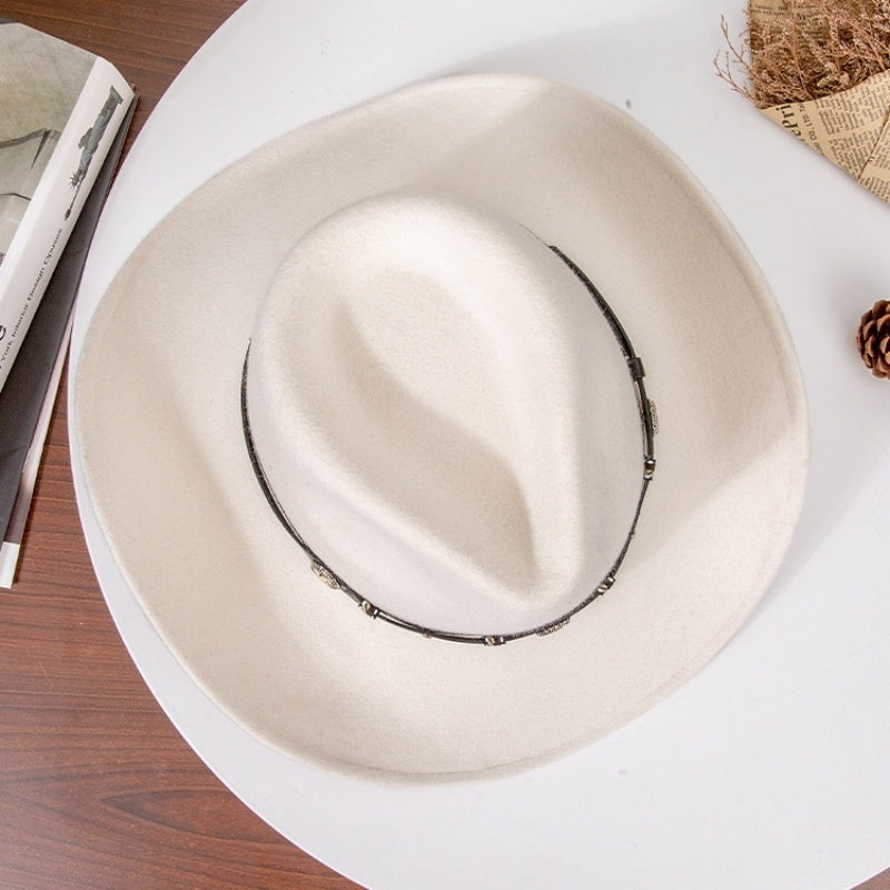Felt Cowboy Hat with Copper Buckle Leather Strap and Star Decoration