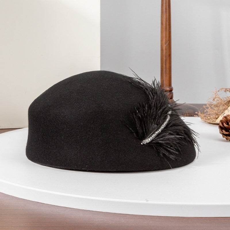 Felt Pillbox Hat with Crystal and Feather Decorations