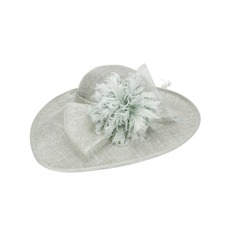 Wide Brim Top Hat with Feather Flower and Lace