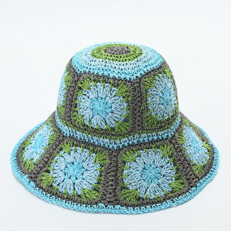 Straw Bucket Hat with Colorful Patterns