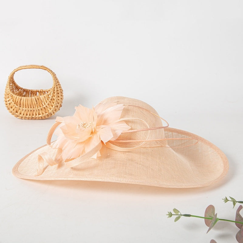 Wide Brim Top Hat with Feather Flower Decoration