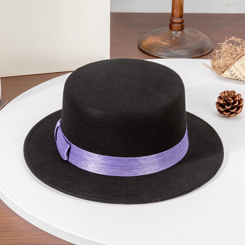 Felt Flat Roof Top Hat with Woven Webbing Decoration
