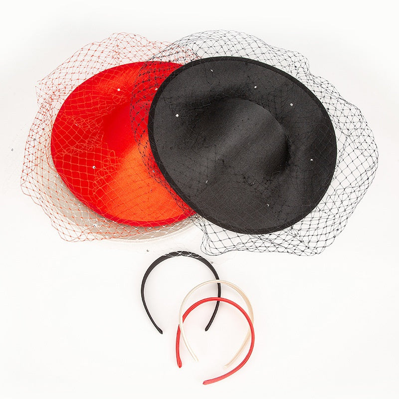 Wide Brim Top Hat Alice Band with Crystal and Veil