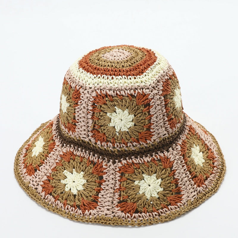 Straw Bucket Hat with Colorful Patterns