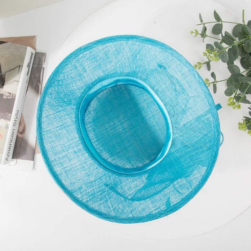 Water Blue Linen Yarn Top Hat with Floral Decoration