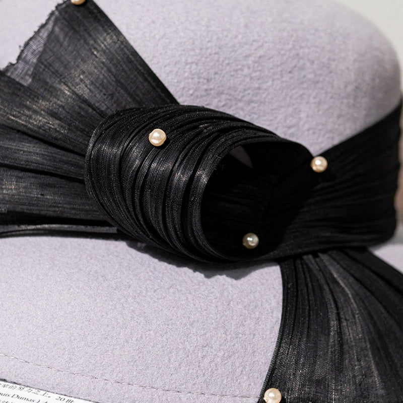 Felt Top Hat with Linen Bow and Pearl