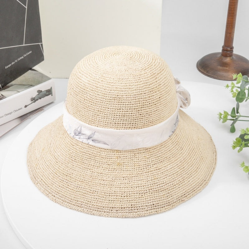 Sun Hat Straw Hat with Printed Bow