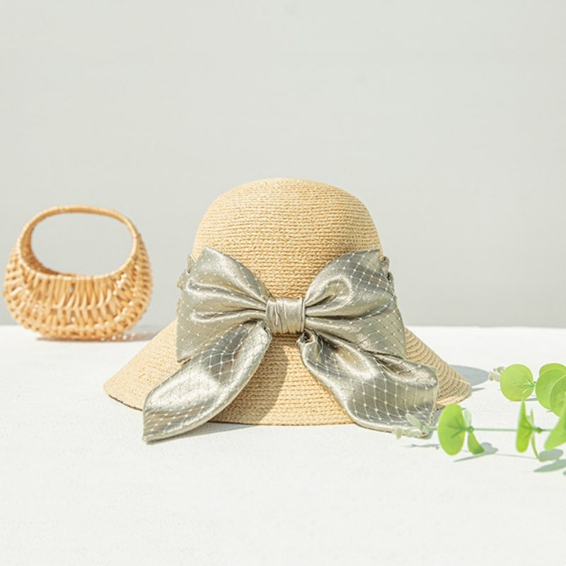 Sun Hat Straw Hat with Mesh Yarn Bow Webbing