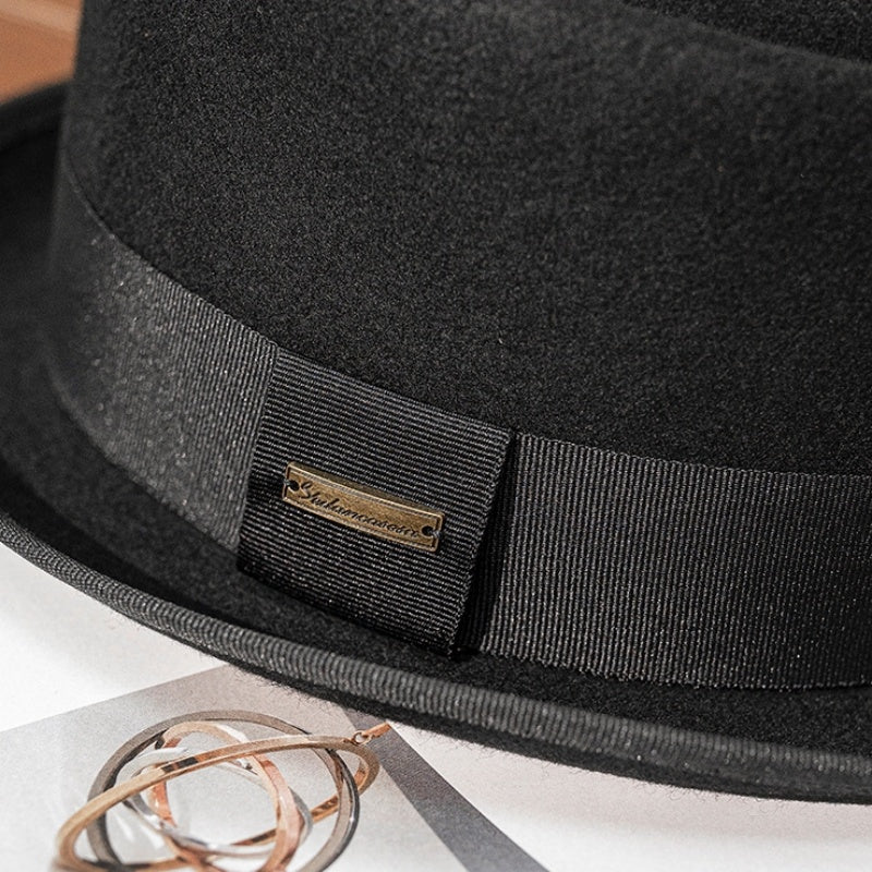 Black Felt Rolled Brim Top Hat with Webbing Decoration