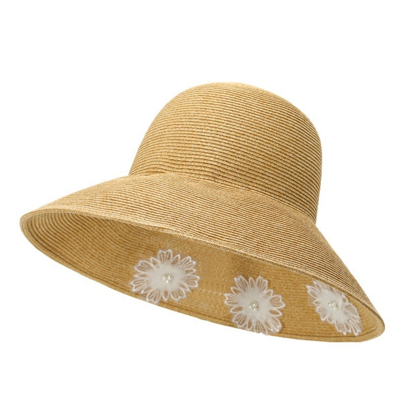 Straw Hat with Floral Lace Embroidery