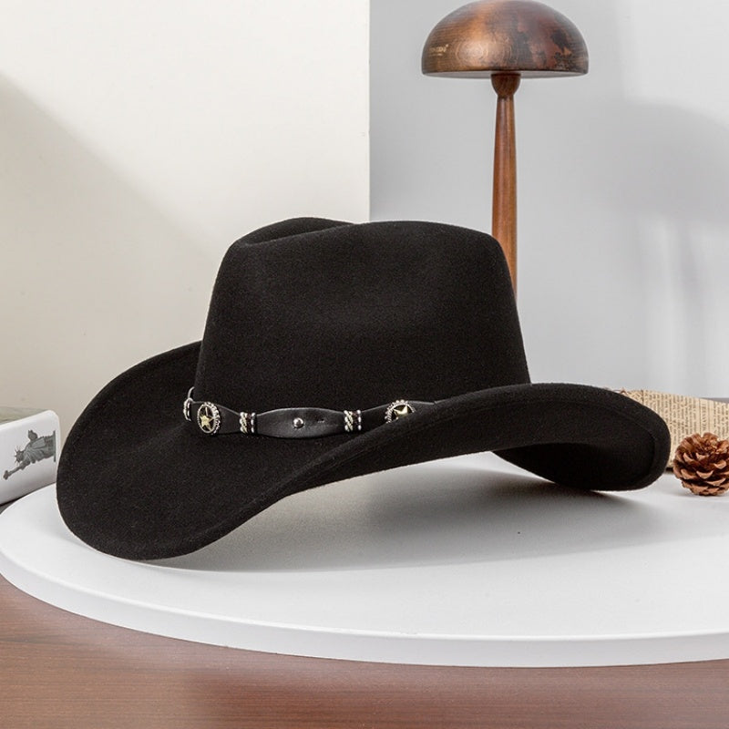 Felt Cowboy Hat with Copper Buckle Leather Strap and Star Decoration