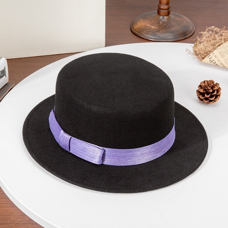 Felt Flat Roof Top Hat with Woven Webbing Decoration