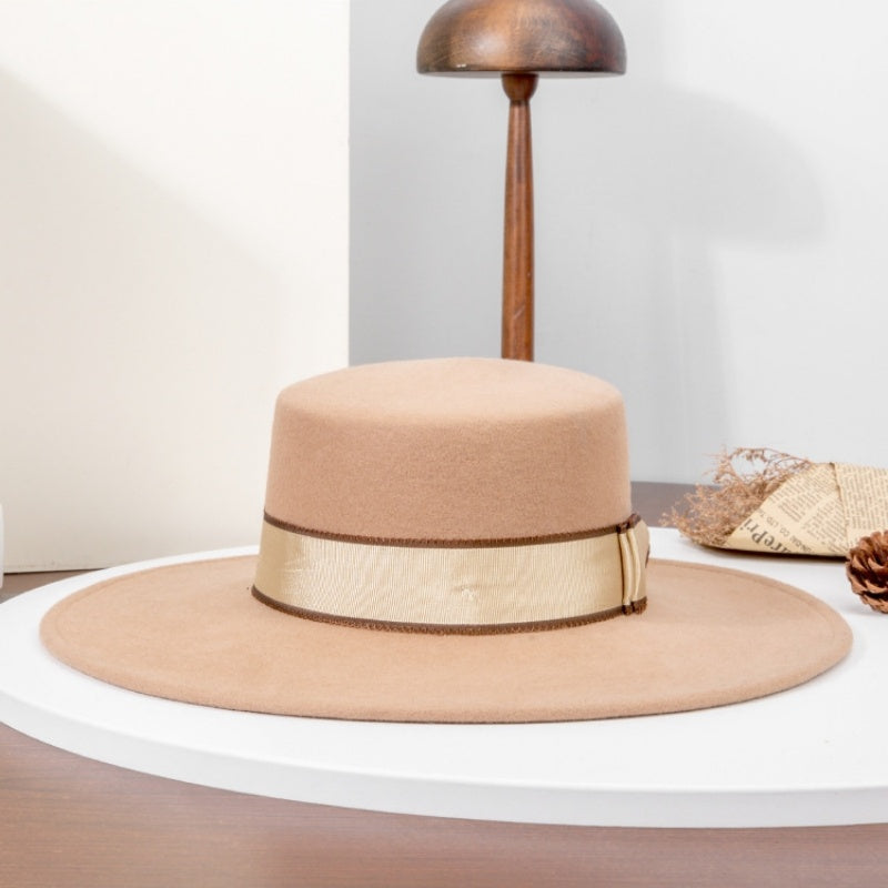 French Style Felt Wide Brim Top Hat With Bow Webbing