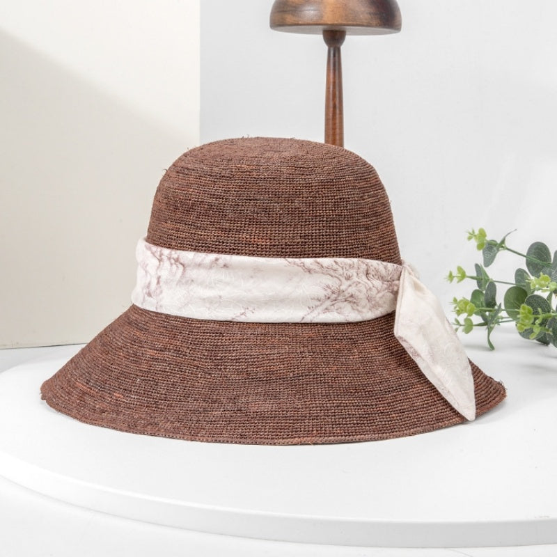 Straw Hat Sun Hat with Printed Bow