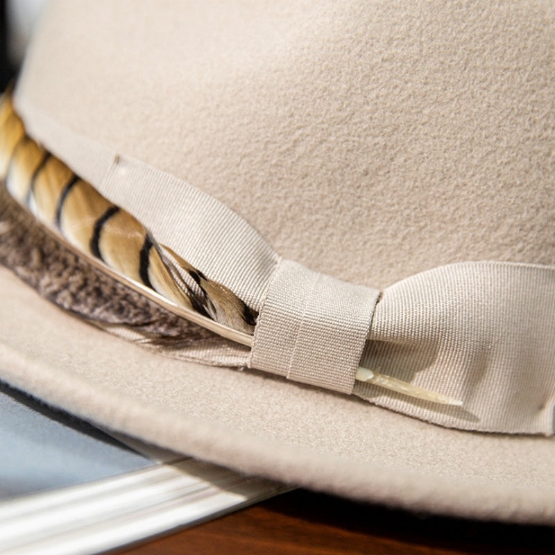 Wide Brim Rolled Edge Top Hat with Feather and Bow Decoration