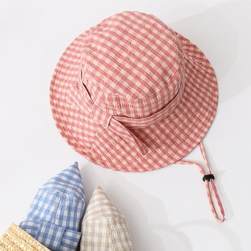 Check Pattern Sun Hat with Bow