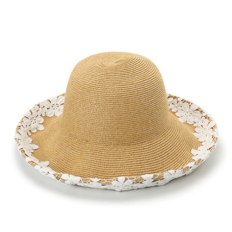 Straw Hat with Floral Lace Embroidery