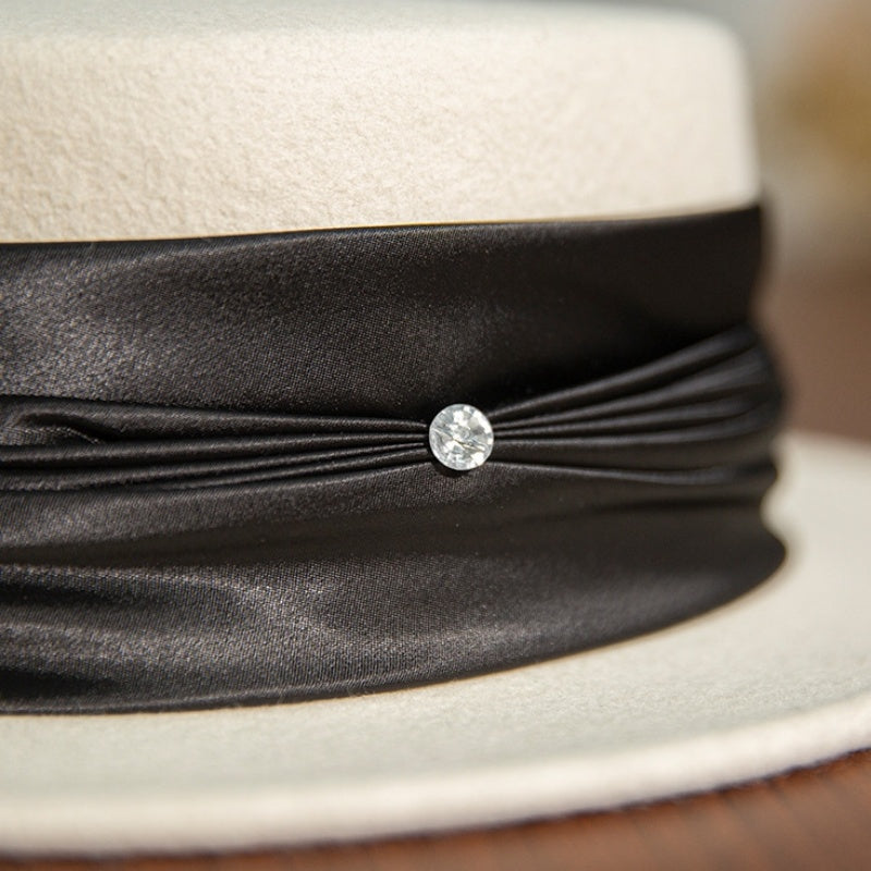 Felt Flat Top Hat with Bow Webbing and Crystal