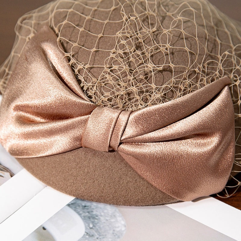 Felt Beret Pillbox Hat with Bow and Lace