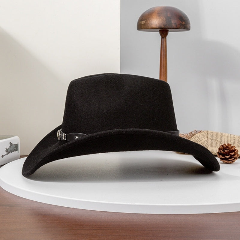 Felt Cowboy Hat with Copper Buckle Leather Strap and Star Decoration