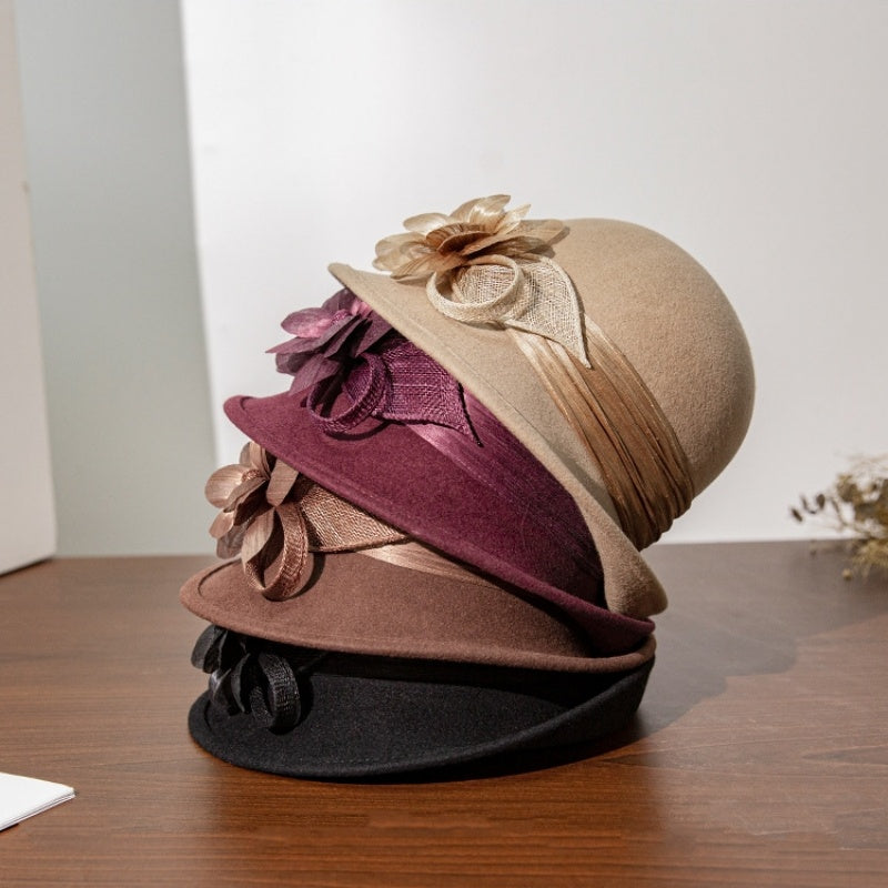 Felt Rolled Edge Top Hat with Camellia Decoration