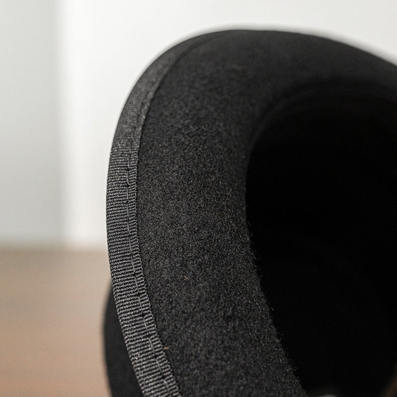 Black Felt Rolled Brim Top Hat with Webbing Decoration