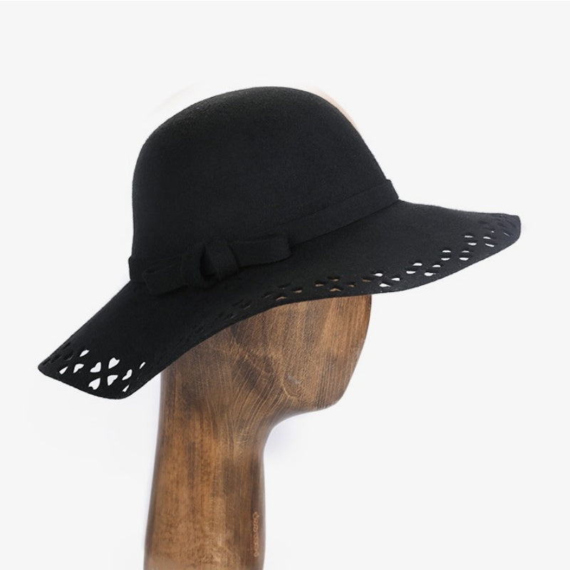 Felt Wide Brim Top Hat with Hollowed-out and Bow Webbing
