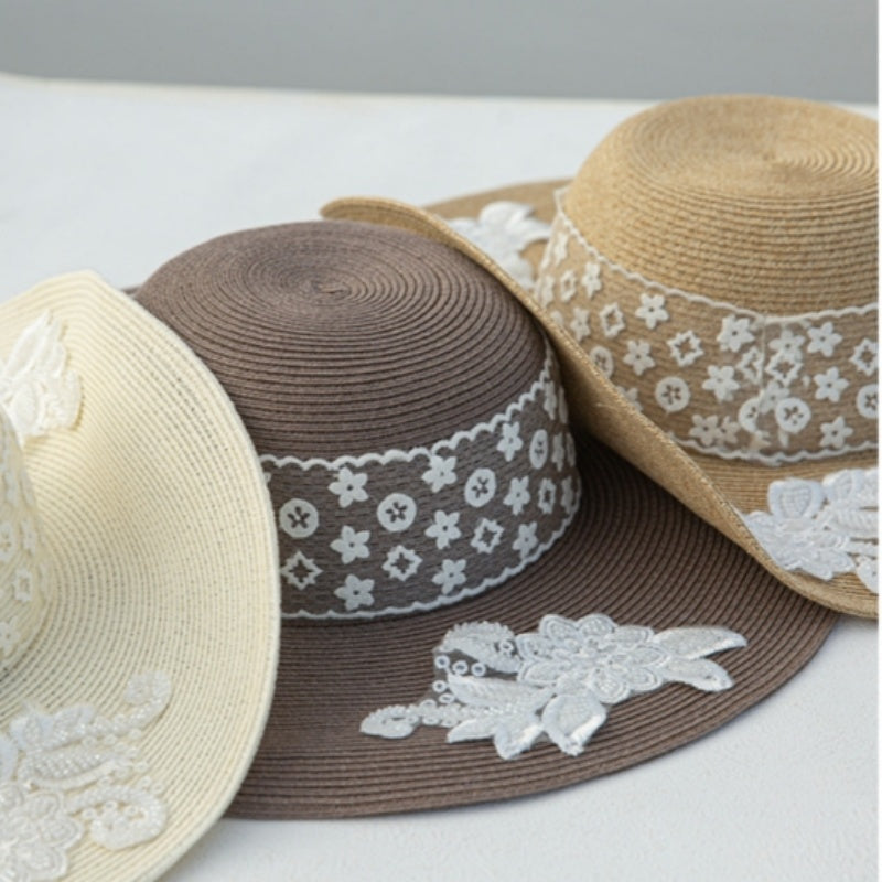 Wide Brim Straw Hat with Lace Decorative Strip and Lace Embroidery Patch