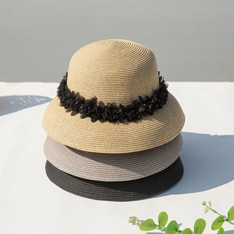 Straw Hat with Mesh Petal Decorative Strips
