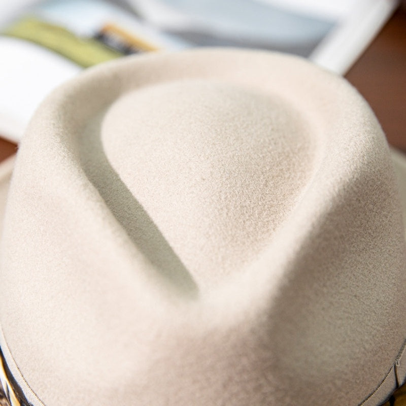 Wide Brim Rolled Edge Top Hat with Feather and Bow Decoration
