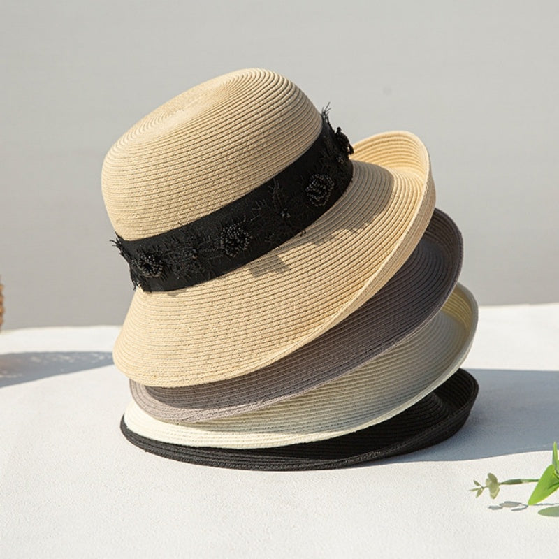 Straw Top Hat with Black Beads and Embroidery